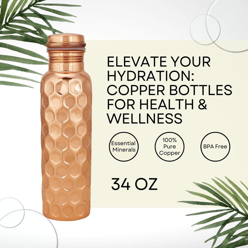 Perilla Home Pure Copper Water Bottle 34 Oz Leak Proof 100% Pure Ayurvedic Copper Vessel - Drink More Water And Enjoy The Health Benefits Immediately - For Gym, Yoga Bottle (Diamond Pattern) - Image 2